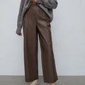 Enyami Streetwear Fashion Office Leisure Brown Color PU Leather Trousers Loose High Waist Straight Women Pants