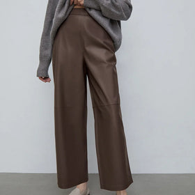 Enyami Streetwear Fashion Office Leisure Brown Color PU Leather Trousers Loose High Waist Straight Women Pants