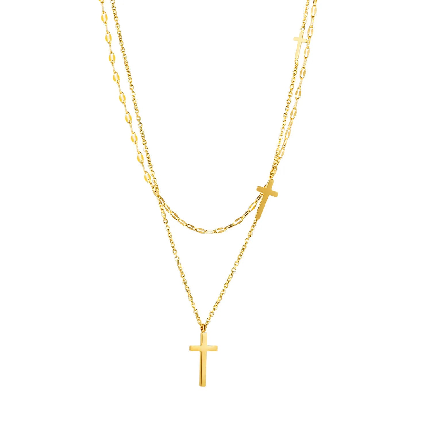 Simple Stainless Steel Layered Gold Plated Double Chain Cross Necklace