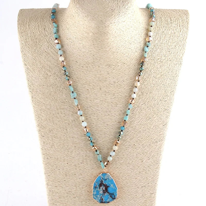 Newest  Bohemia 6mm Emperor Beige Natural Stone Chip Stone Crystal Glass Necklace Irregular  Emperor Blue Pendant Necklace