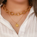Vintage Big Hand Made Gold Hoop Chain Choker Necklace Stainless Steel Coin Sun Necklace