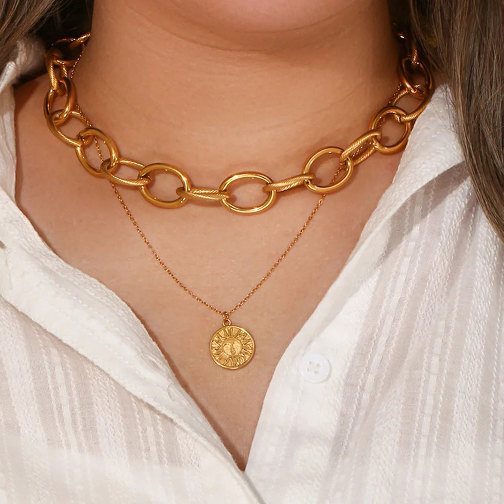 Vintage Big Hand Made Gold Hoop Chain Choker Necklace Stainless Steel Coin Sun Necklace