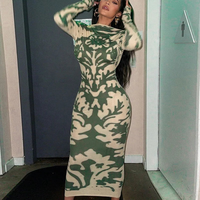 Winter Women Printing Ladies Backless Club Party Wear Bodycon Maxi Long Sleeve Dresses