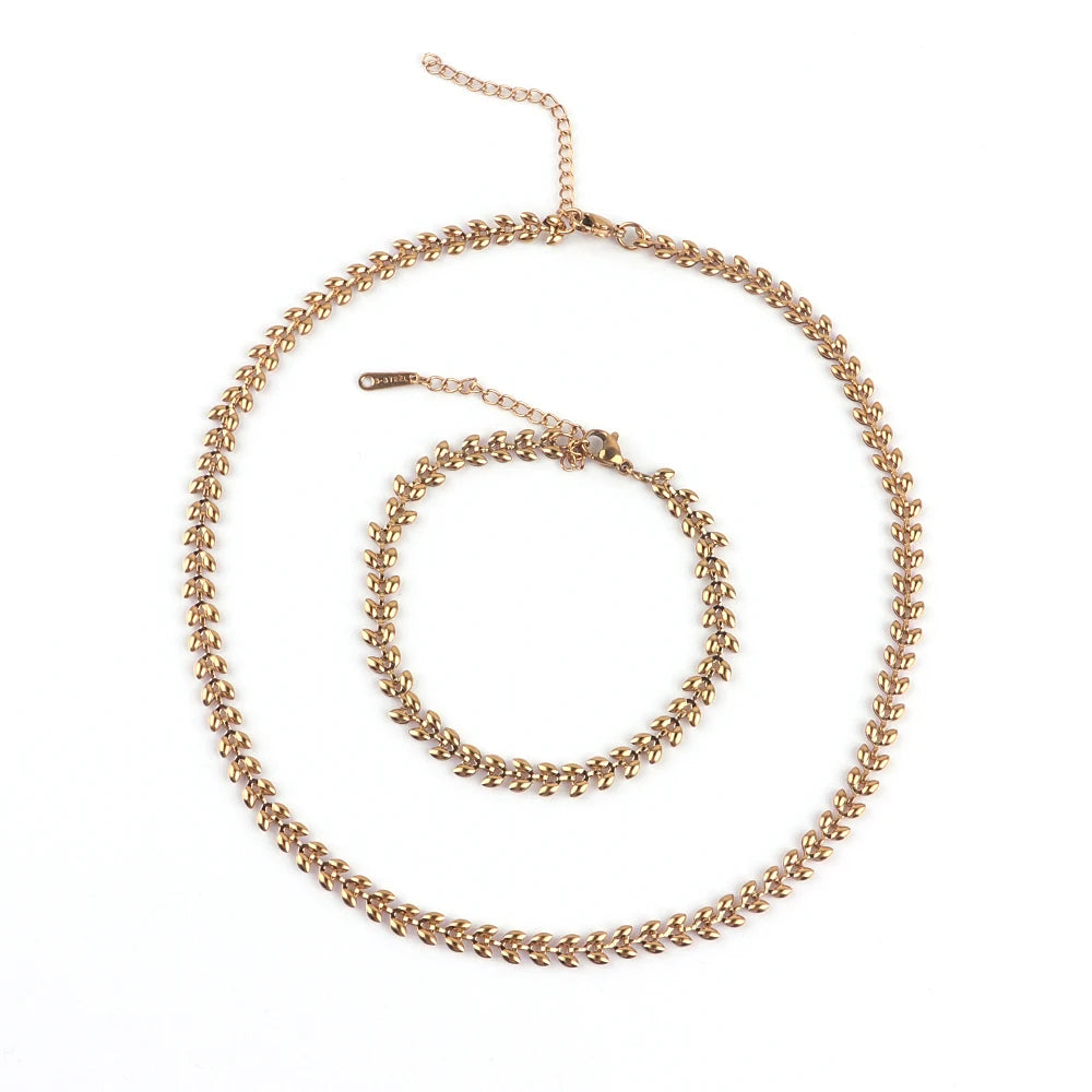 18K Gold Plated Stainless Steel Necklace and Bracelet Set Hollow Leaf Woven Necklace and Bracelets for Women