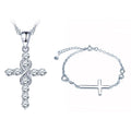 Rhinestone Cross Necklace Bracelet Jewellery Set 925 Sterling Silver for Christian