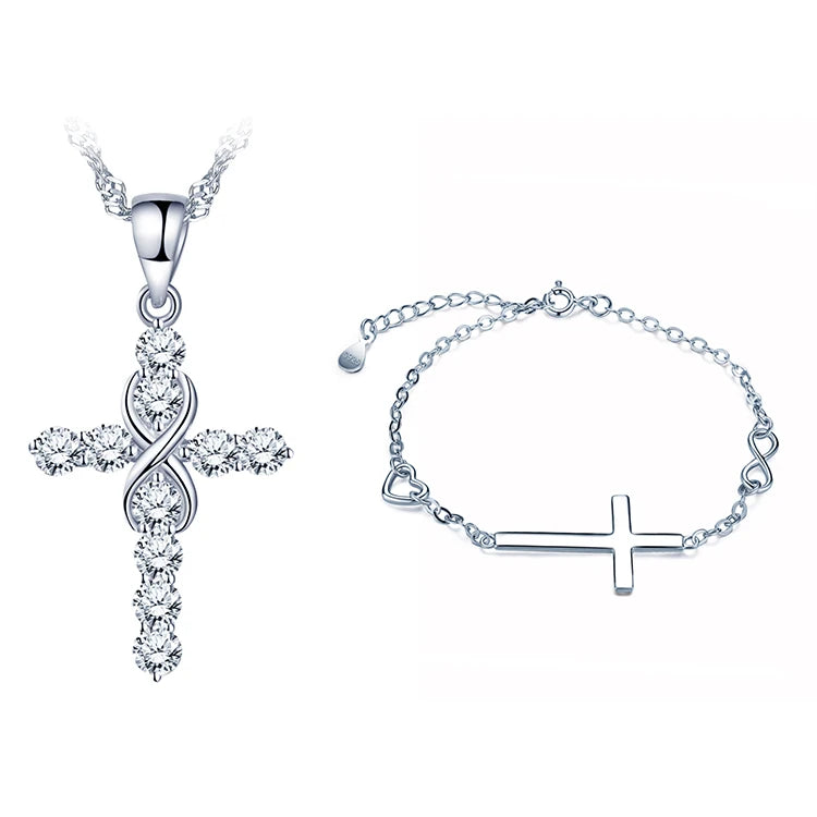 Rhinestone Cross Necklace Bracelet Jewellery Set 925 Sterling Silver for Christian