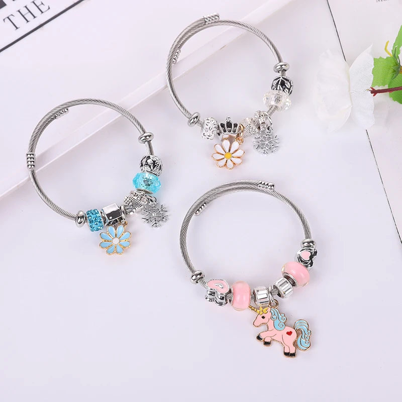 2024 Women's Trendy Stainless Steel Bracelet with New Design Unicorn Flowers Snowflake Pendant Girls Charm Bangle