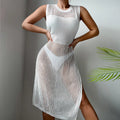 Women's Crochet Sleeveless Bikini Swimwear with Hollow out Cover Up 1-Piece Long Beach Dress with Side Split and Skirt Bottom