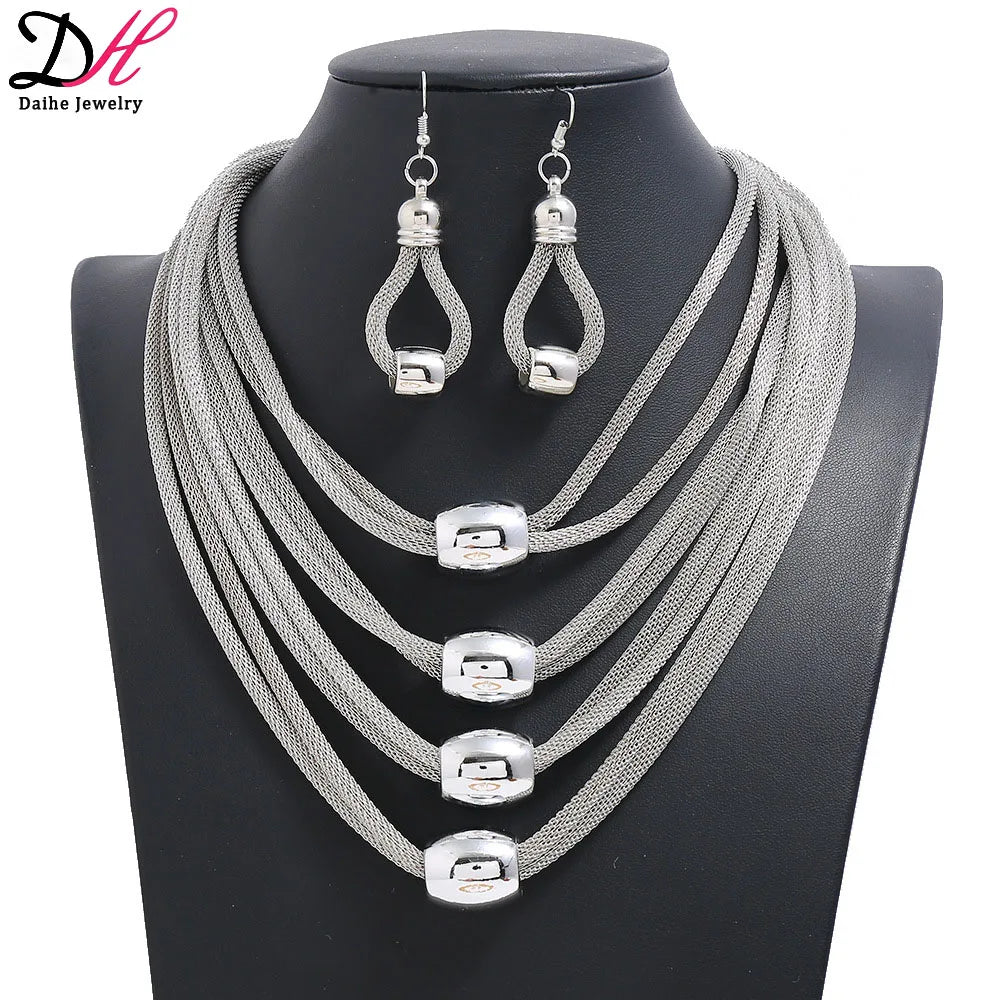 Fashion Jewelry Metal Accessories Multilayer Chain Popular Exaggerated Multicolor Necklace and Earring Set