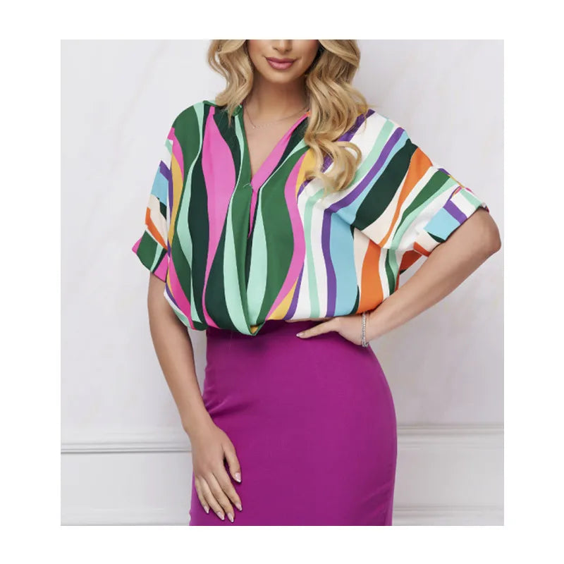 New Fashion Office Ladies Summer Short Sleeve Blouse V Neck Striped Print Loose Women Shirt