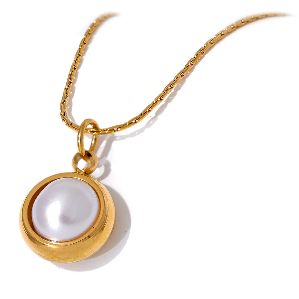 JINYOU 028 Stainless Steel Imitation Pearl Round Chic Pendant Necklace 316L for Women Elegant Delicate Stylish Jewelry
