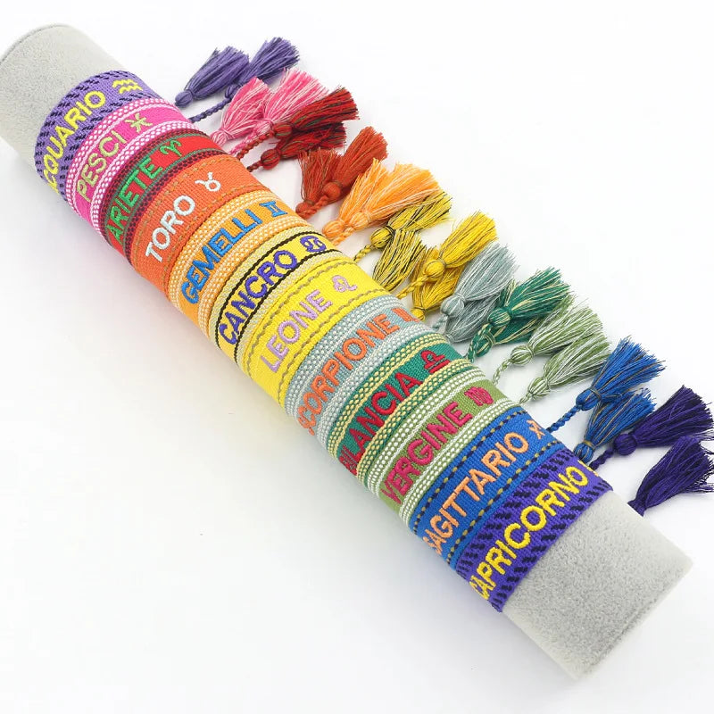 Retro 12 Zodiac English Letters Embroidery Webbing Tassel Bracelets Personalized Braided Hand Rope