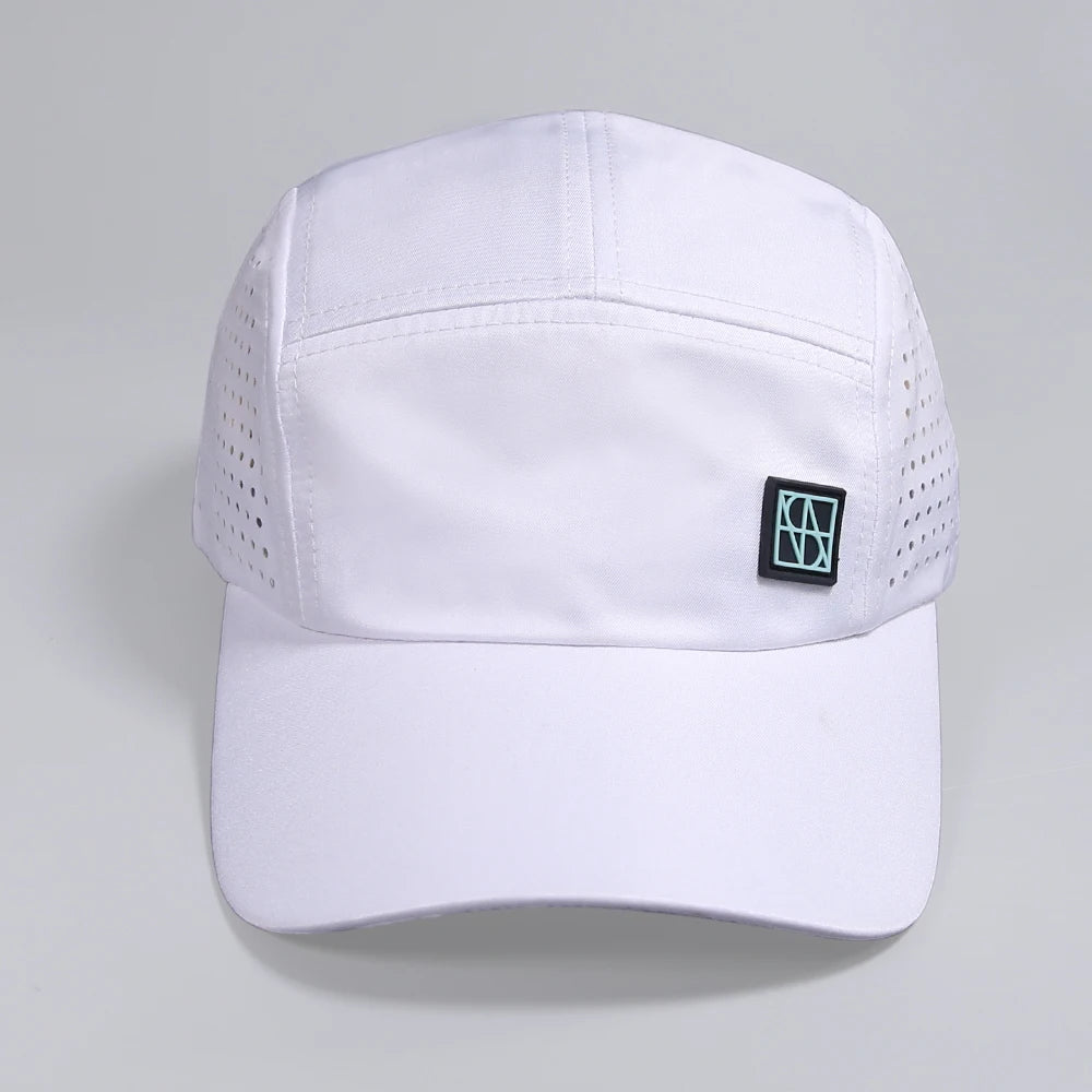 Wholesale Custom 5-Panel Golf Cap Waterproof Perforated Laser Cut Hole Curved Brim Rubber Patch Sporty Style for Business Scene