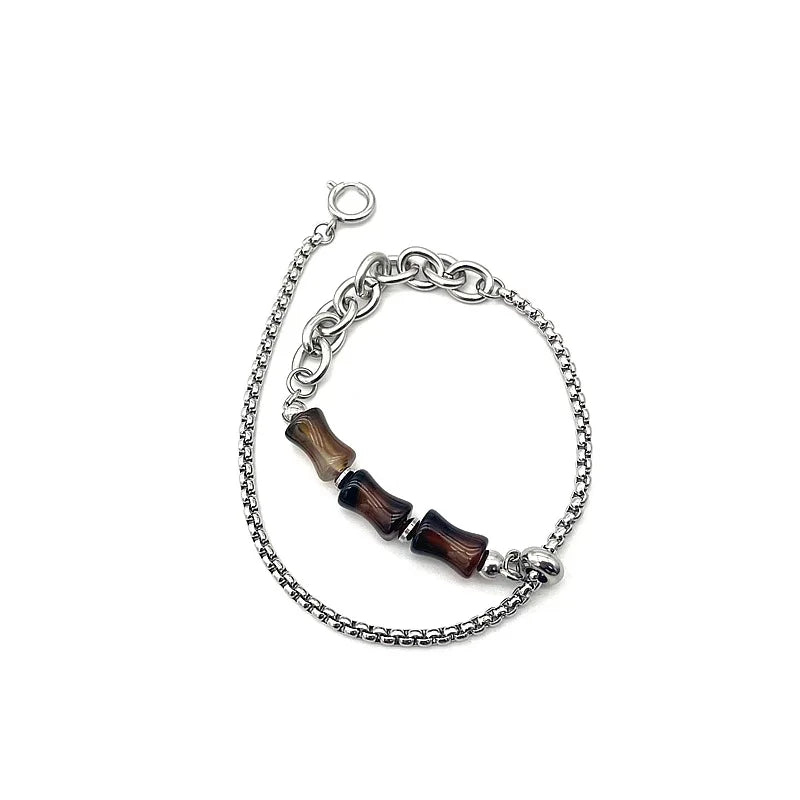 Bamboo Agate Natural Stone Stainless Steel Chain Bracelet Charm Women Men Gifts STB055