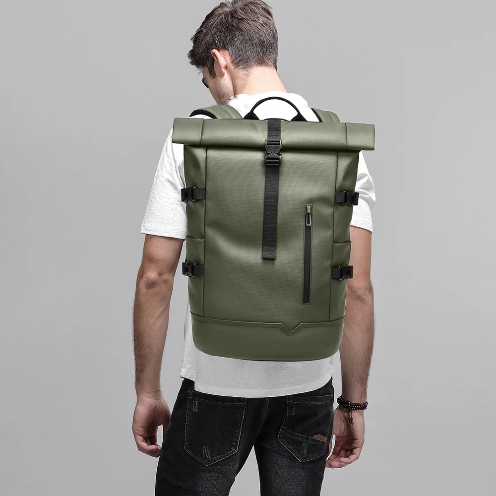 EURCOOL OEM Roll Top Backpack for Men Waterproof Travel Expandable Laptop Bag Anti-theft USB Nylon Casual Design
