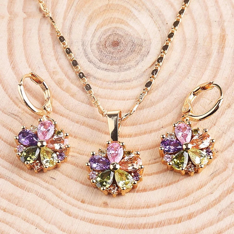HD Jewelry Fashion Flower 18k Gold Plated Necklace Pendant Earring Jewelry Set for Women