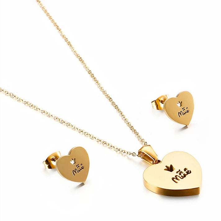Mother's Day Gift Stainless Steel Jewelry Fashion Letters Necklace Earrings Delicate Hollow Heart Jewelry Set Gifts for Women