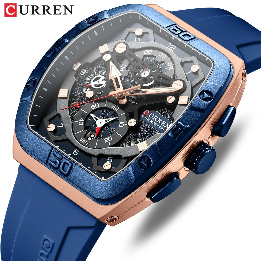 CURREN New 8443 Men Fashion Sports Watches Large Dial Unique Rectangular Hollow Design Multifunctional Auto Date Quartz Watch