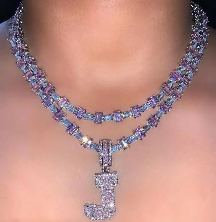 INS Hot New Bling Bling Diamond Ice Out CZ Prong Set Zircon Pink Baguette Cut Initial Necklace