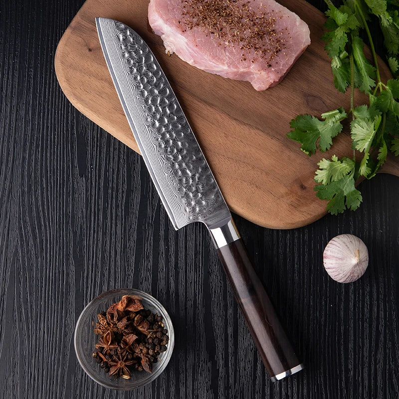 Hot Pick Premium Hammered Damascus Japanese Santoku Knife Limited Stock for Home & Professional Kitchens with Ebony Wood Handle