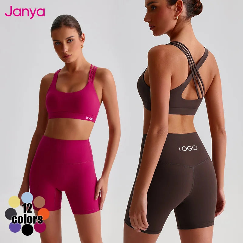 Janya Women's Solid Color Cross Back Sports Bra and High Waist Gym Fitness Shorts 2 Piece Sets Quick Dry Yoga Set for Adults MegaBDM