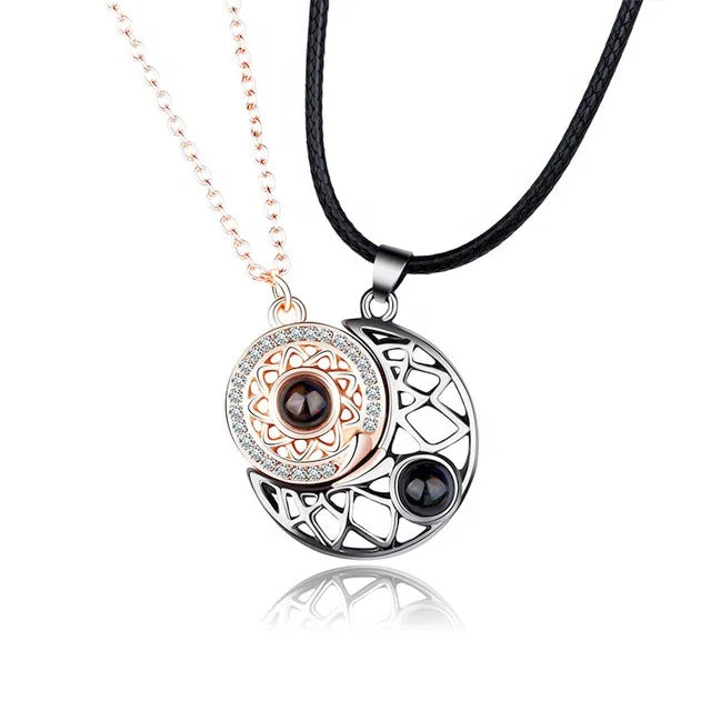 Fashion Magnetic Sun Moon Chain Necklace Projection Pendant 100 Languages Necklace Valentine's Day Gift Hollow Couple Necklace