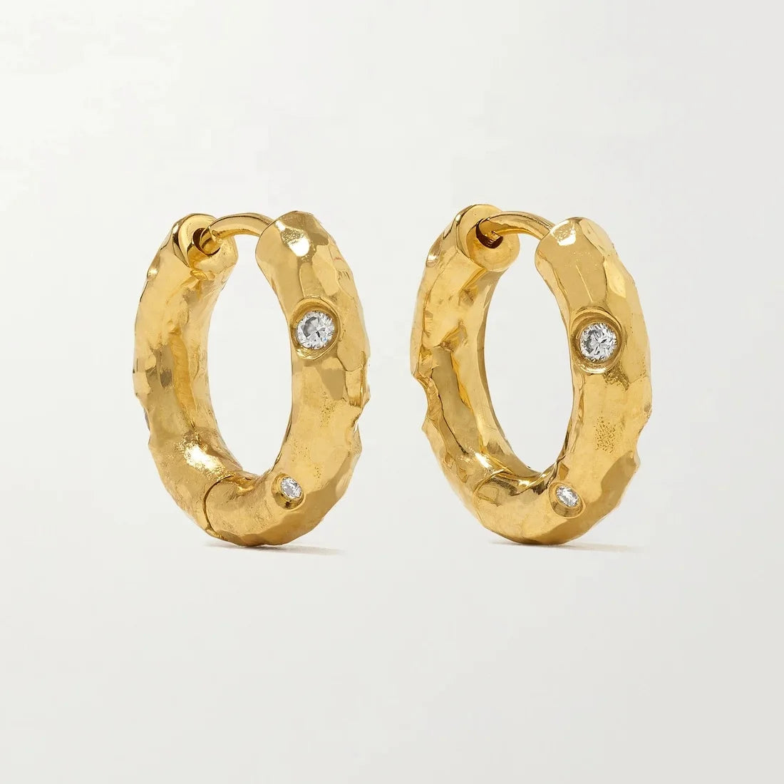 LOZRUNVE 925 Sterling Silver Gold Plated Bezel Diamond CZ Hammered Huggie Hoop Earring Findings Women