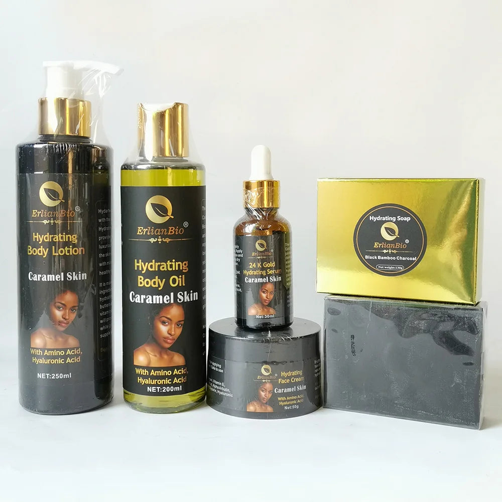 OEM Caramel Body Care Kit with Vitamin C Anti-Aging & Nourishing Cream Soap Serum Lotion & Oil for All Skin Types