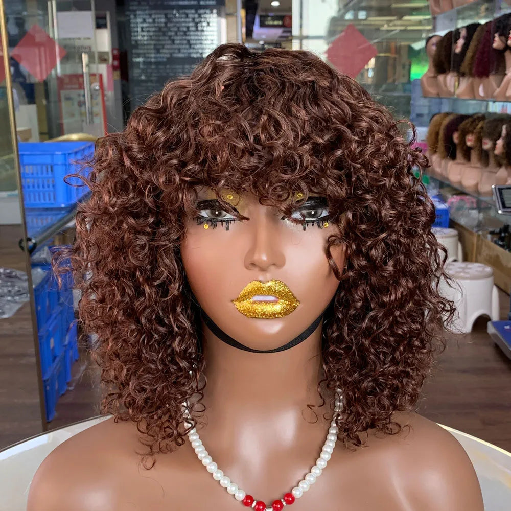Double Drawn Human Hair Vietnamese Bob WigsBrown Bob WigLuxury Curly Human Hair Wig With Bangs MegaBDM