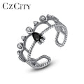 CZCITY Sterling Silver Jewelry Open Adjustable Sliver Cubic Zircon Accessory Black 925 Ring Woman