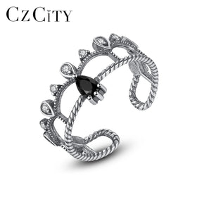 CZCITY Sterling Silver Jewelry Open Adjustable Sliver Cubic Zircon Accessory Black 925 Ring Woman