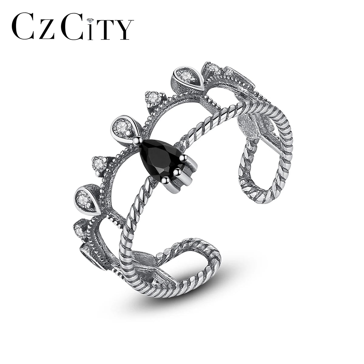 CZCITY Sterling Silver Jewelry Open Adjustable Sliver Cubic Zircon Accessory Black 925 Ring Woman