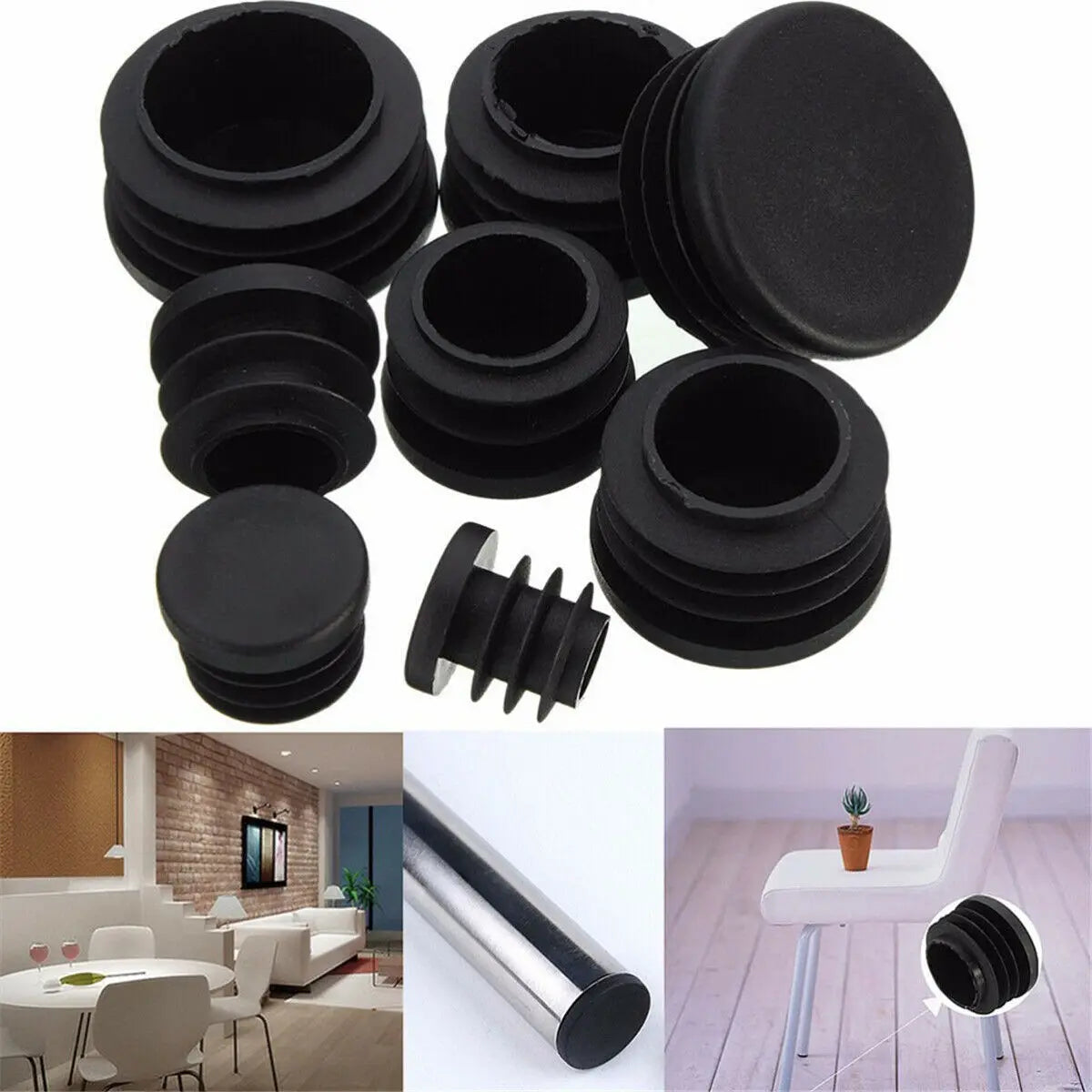 Custom Mixed Sizes Black Round Plastic Plugs Glide Insert End for Chair Table Stool Leg Tube Pipe Hole Plug Cover