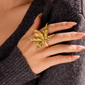 Trendy 18k Gold Plated Stainless Steel Waterproof Rings Adjustable Leaf Design Statement Open Rings Jewelry for Girls Gift