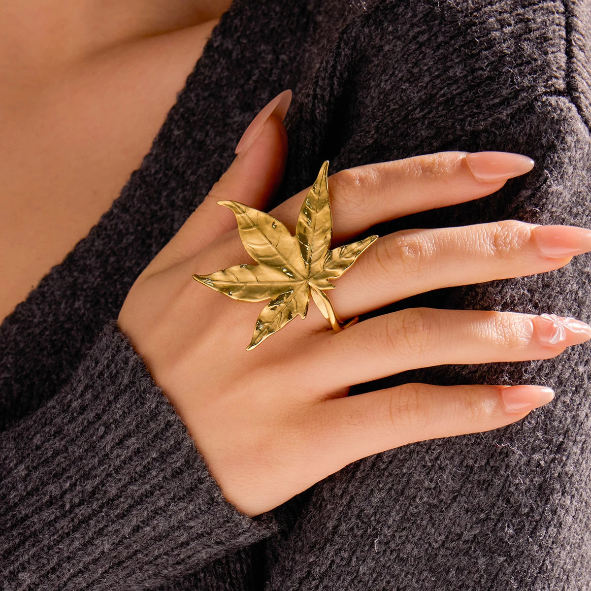 Trendy 18k Gold Plated Stainless Steel Waterproof Rings Adjustable Leaf Design Statement Open Rings Jewelry for Girls Gift