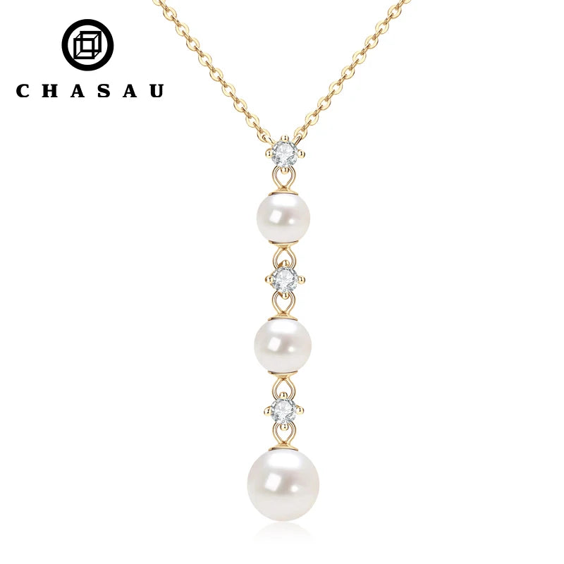 Pearl Jewelry Gifts 925 Sterling Silver Three Moissanite Diamond 6-8mm Freshwater Pearl Necklaces for Women