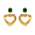 Geometric Titanium Steel Gold Plated Green Cubic Zircon Hollow Heart Love Pendant Dangling Stud Earrings for Girls