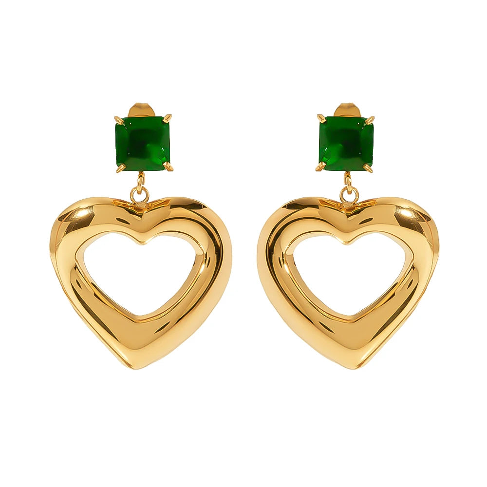Geometric Titanium Steel Gold Plated Green Cubic Zircon Hollow Heart Love Pendant Dangling Stud Earrings for Girls