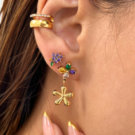 Dazan 18k Gold Plated Winter Hypoallergenic Stainless Steel Vintage Four Leaf Colorful Zircon Flowers High Quality Earrings
