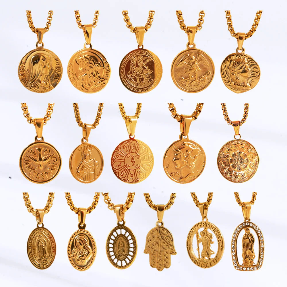 18K Gold Plated Guadalupe Virgin Mary Necklace Religious Bible Jesus Piece Necklace Men Women Saint Michael Hamsa Hand Necklace