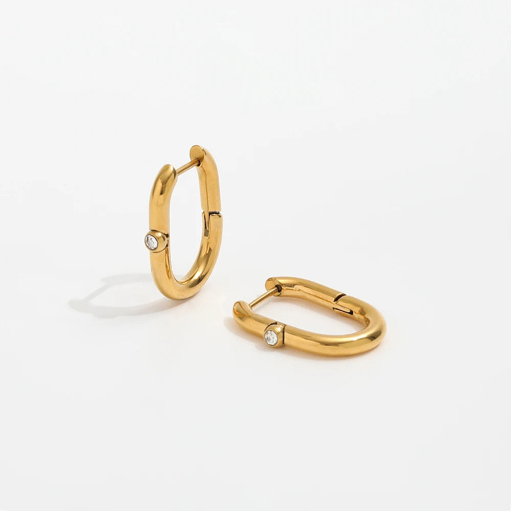 18K Gold Gold Plated Minimalist Cubic Zircon Oval Stainless Steel Hoop Earring for Women Trendy Jewelry