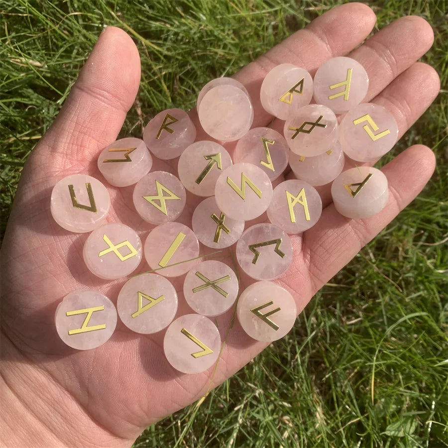 25 Pcs /set Natural  Rose Quartz tiger Eye Amethyst Witches Rune Stones Set Engraved Healing Crystal for Divination Meditation