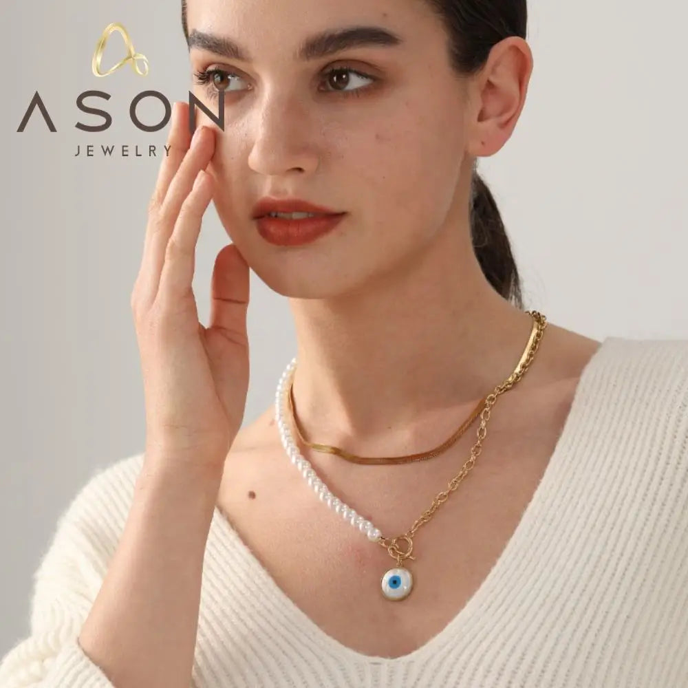 Ason Hip Hop Style Double Layer Chunky Necklace 18k Gold Plated Ladies Pearl Stainless Steel Eyes Chain Charm Pendant Necklace