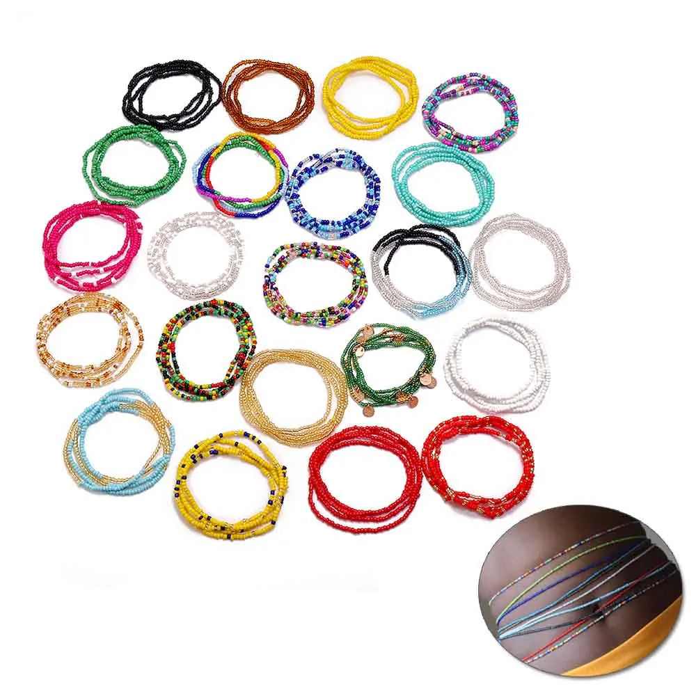 Wholesale 100 Colors Stretchy String Rope Seed Bead Body Chain African Waist Beads Boho Elastic Ghana Belly Beads Waist Chain