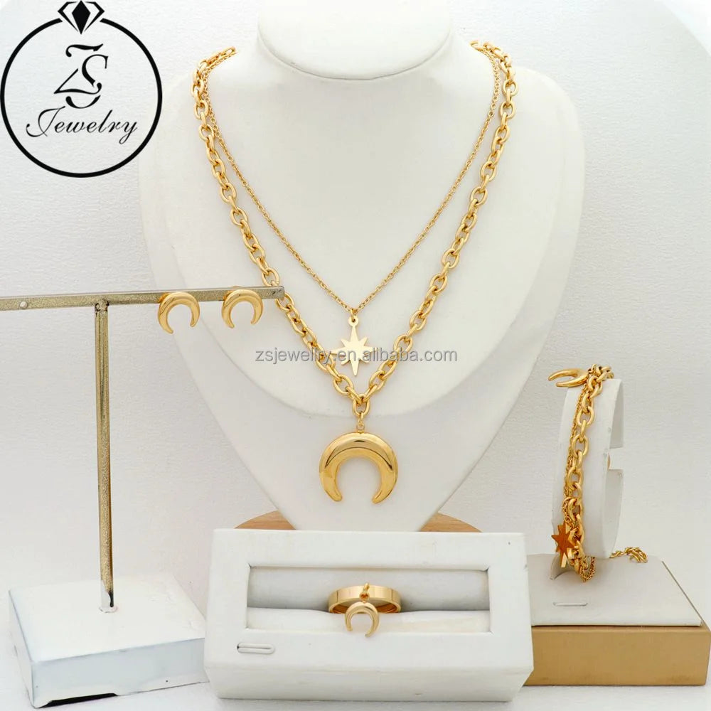Wholesale Hawaiian Style Gold Plated Bracelet Set Classic Fashion Moon Design for Wedding Party-Women's Jewelry Gift Sets
