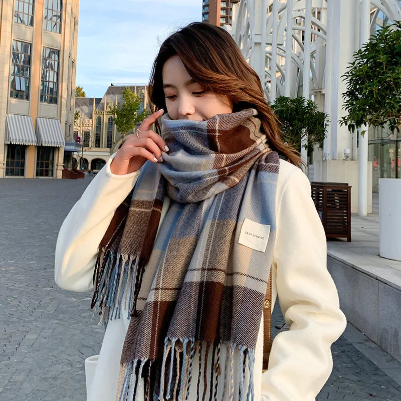 Plaid Scarf Female Tassel Shawl   Cashmere Winter Warm Scarves  Thickened Knitted Cute Hip Scarf