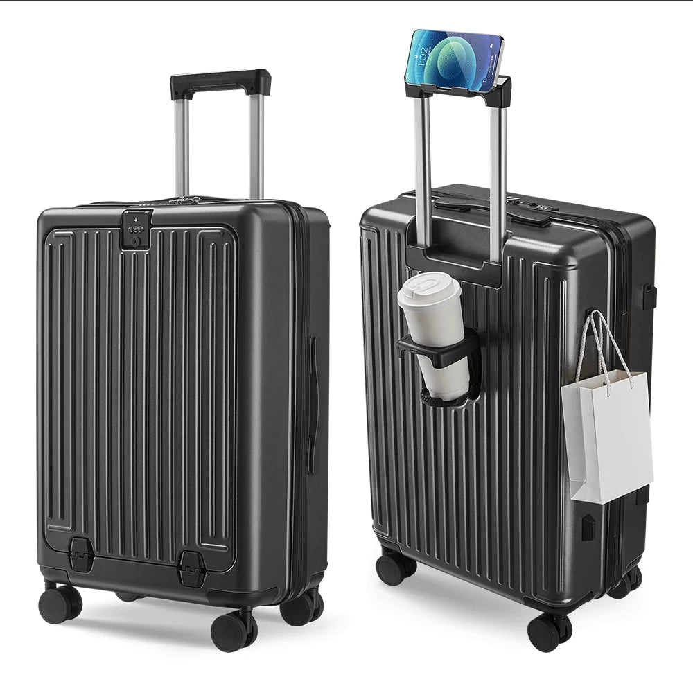 Wholesale 20 24 Inch Hard Pc Trolley Luggage Custom OEM Black Front Opening Women's Travel Suitcase Luggage with Usb Charging