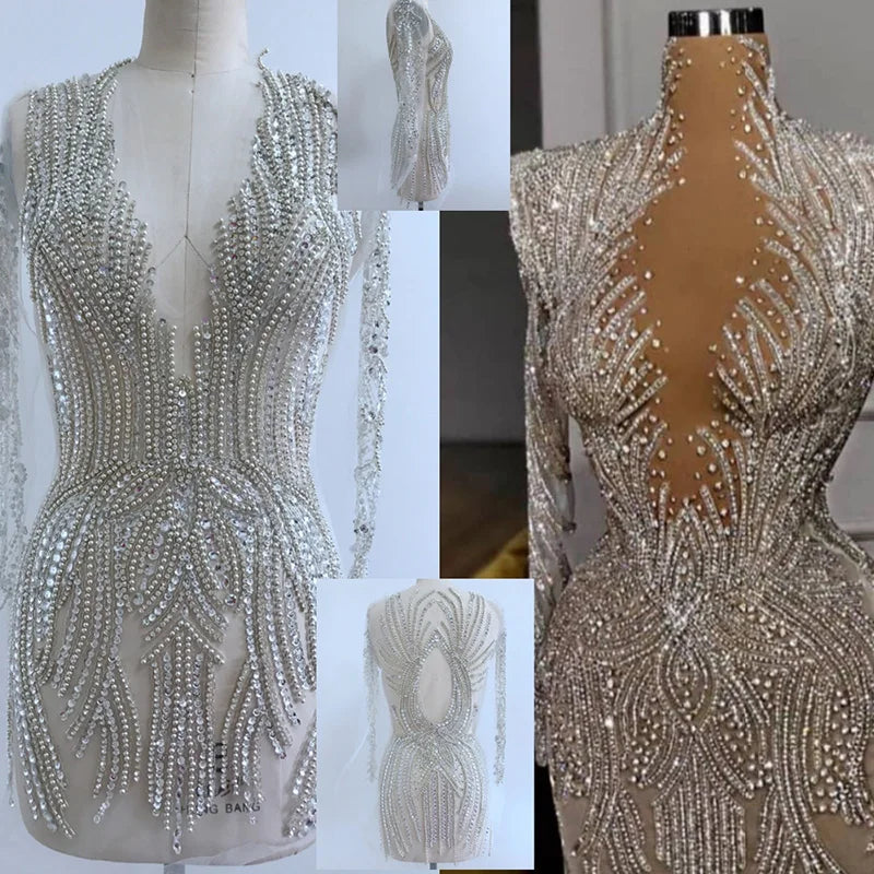 Heavy Industry Long Sleeves Diamond Decorative Luxury V-neck Hand Stitch 3D Lace Patching Wedding Dress Applique