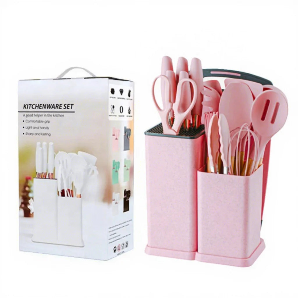 19-Piece Kitchen Gadget Tool Silicone Kitchen Utensil Set with Wooden Handle and Cuttings Board Storage Bucket