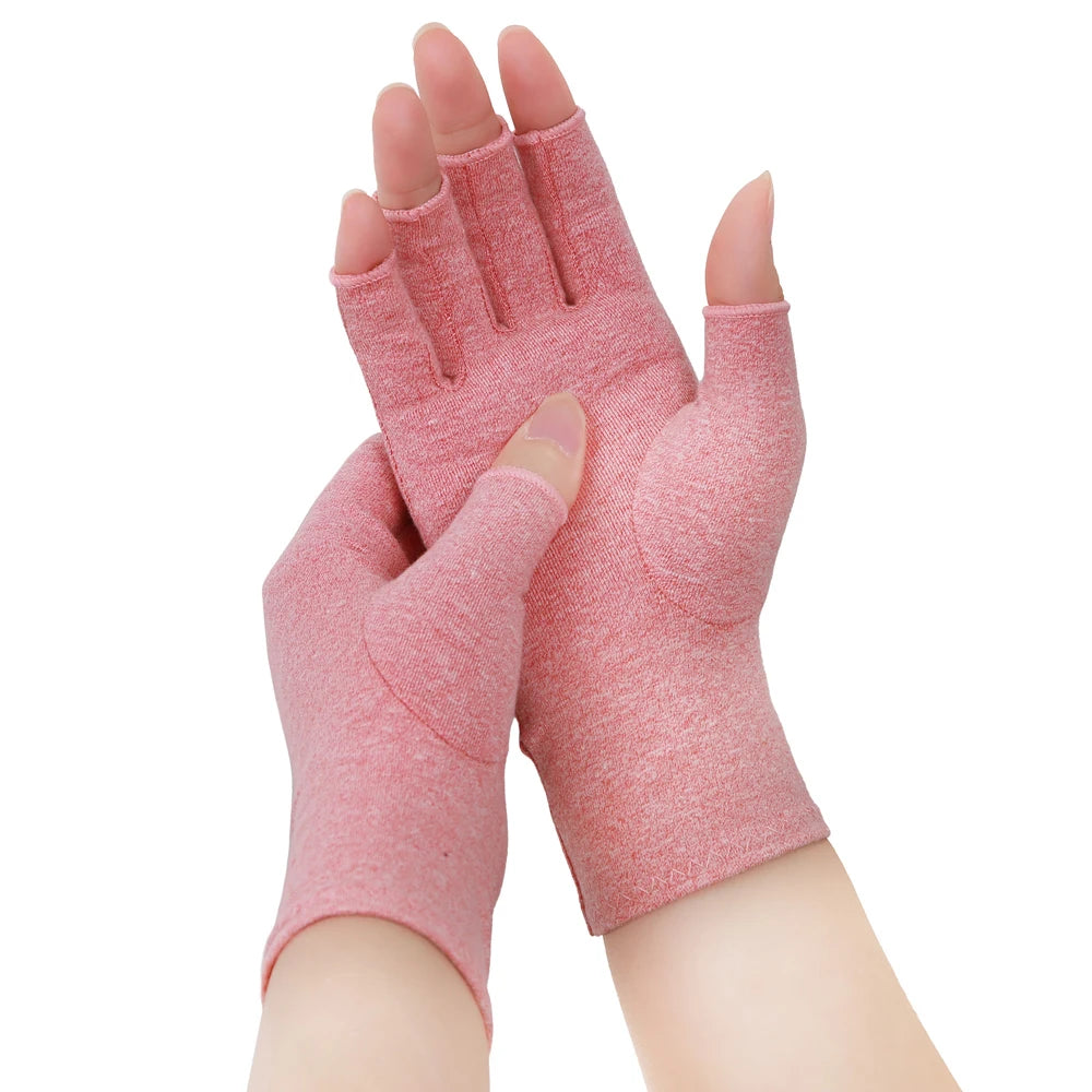 pink Cotton Spandex Half Finger Treatment Copper Compression Arthritis Gloves